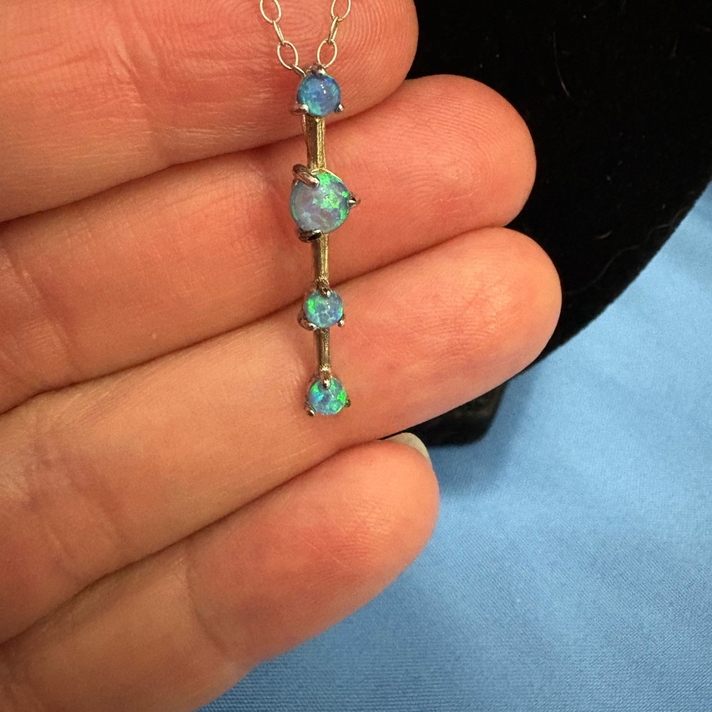 Blue Opal 4 Stone 1.2” Pendant And 18” Chain 925 Sterling Very Dainty SU CH - Picture 2 of 8